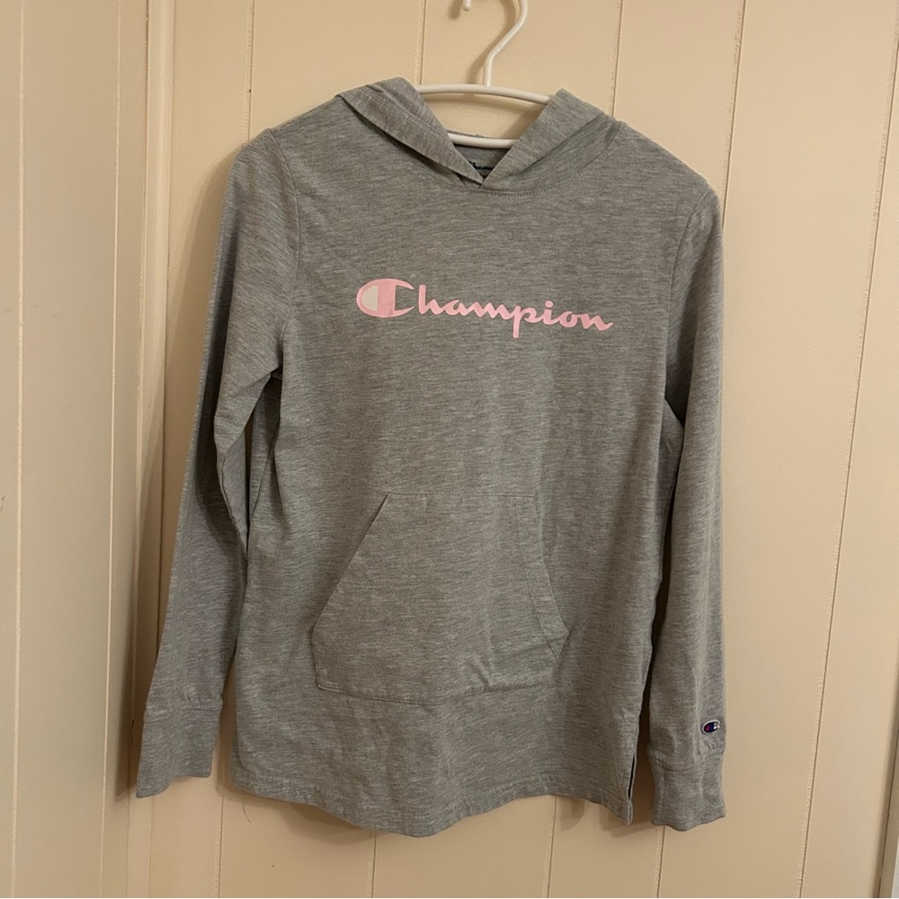 Champion Kids Light Gray Hoodie with Pink Logo long sleeve